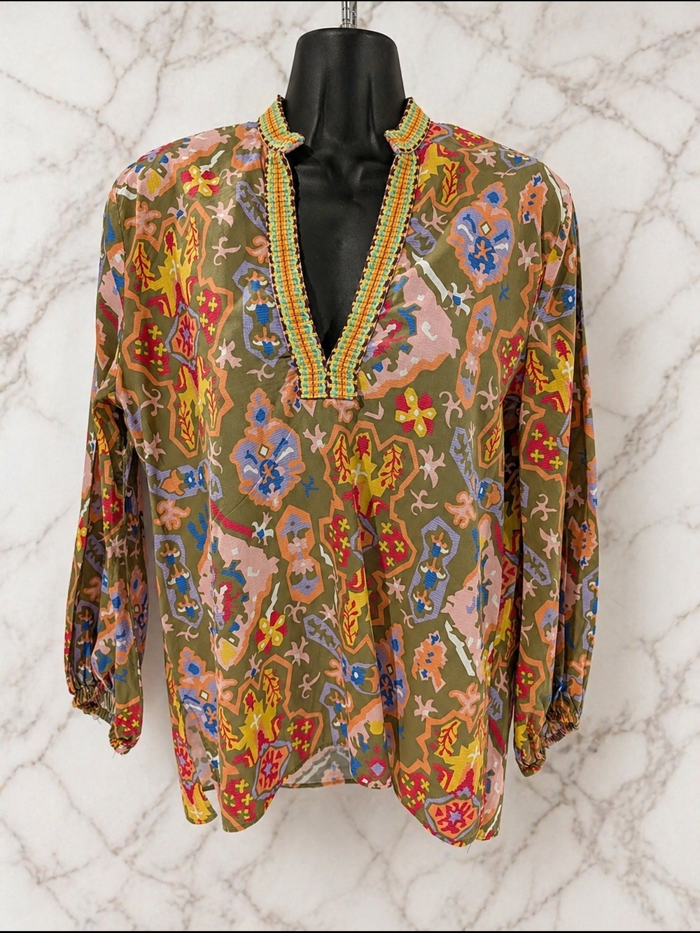 Zara Boho Printed Blouse Size S Multicolor V-Neck Embroidered Trim